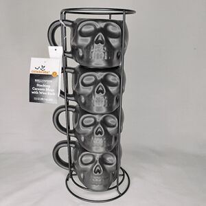 Skulls Coffee Mugs Stacking Metal Rack Set  of 4 Halloween Witchy Black